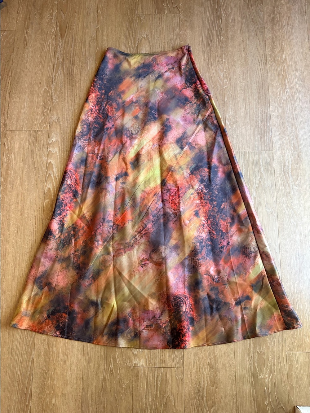 Multicolor Orange, Red, Yellow Tie-Dye A-Line Silk/Satin-like Maxi Skirt